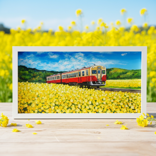 油彩画「石神の菜の花畑とキハ200形」－小湊鐵道の春の情景－ | iichi