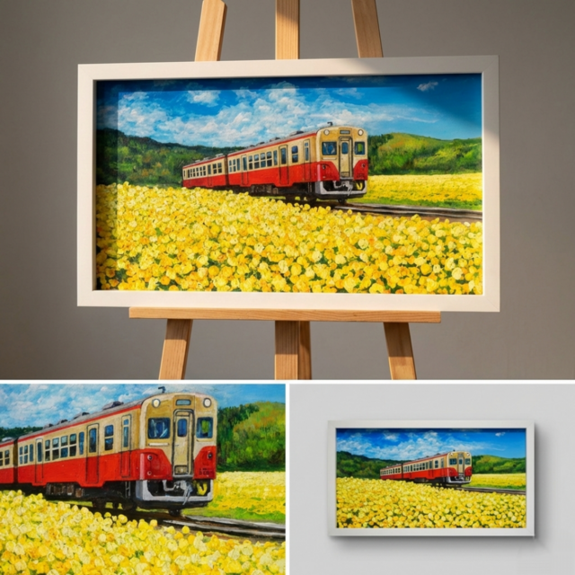 油彩画「石神の菜の花畑とキハ200形」－小湊鐵道の春の情景－ | iichi