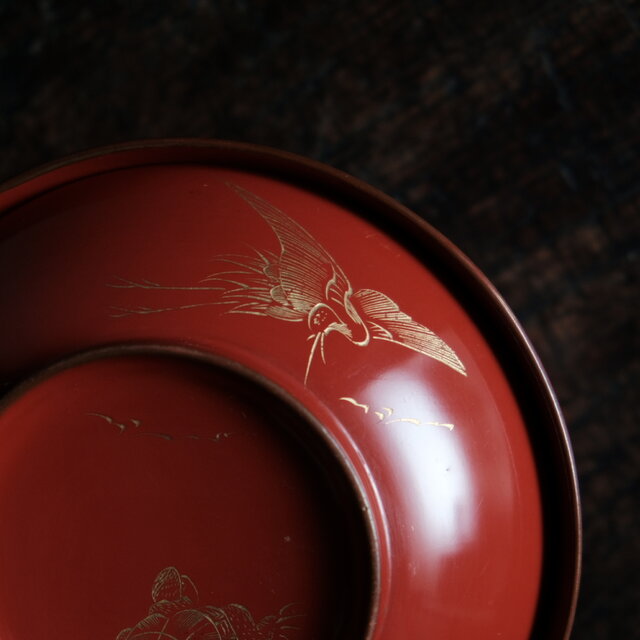 亀と鶴◇赤で素敵。古輪島塗 漆芸沈金蓋付椀 古漆器 古民家 骨董