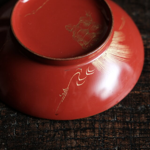 亀と鶴◇赤で素敵。古輪島塗 漆芸沈金蓋付椀 古漆器 古民家 骨董