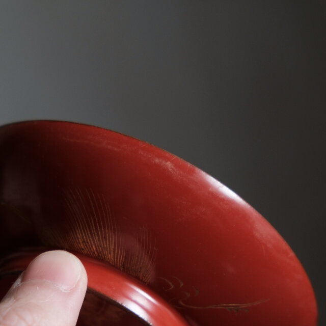 亀と鶴◇赤で素敵。古輪島塗 漆芸沈金蓋付椀 古漆器 古民家 骨董