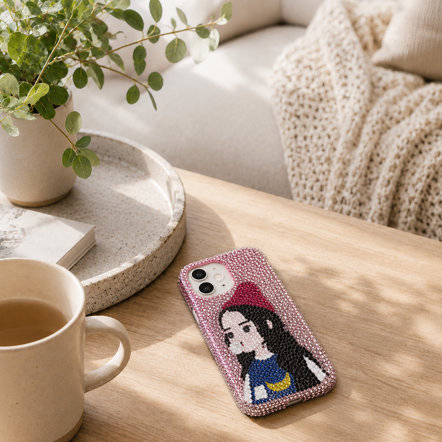 キラキラ iPhoneケース｜名画風 ピンクラインストーン デコ電