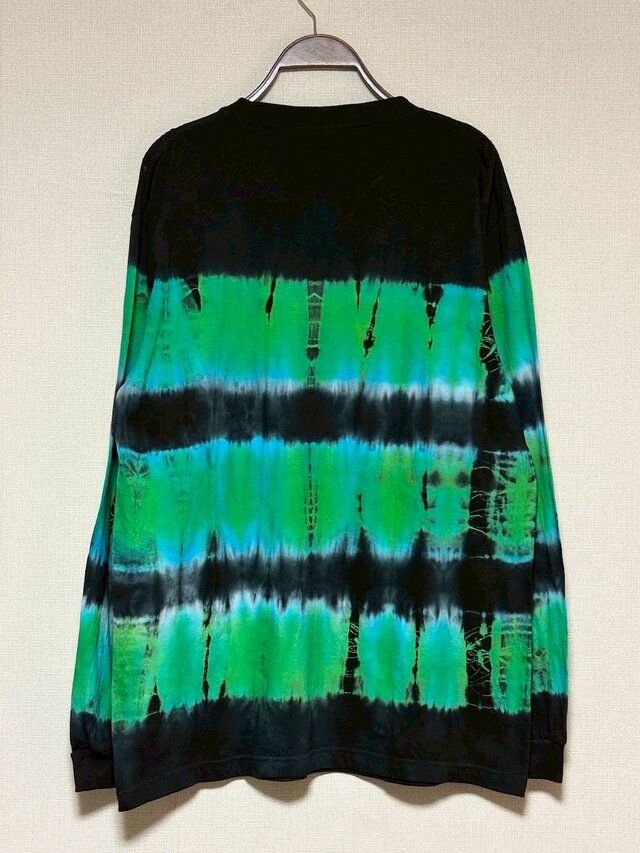 タイダイ 長袖 Tシャツ Lサイズ ブラック×グリーン ボーダー HIPPIES