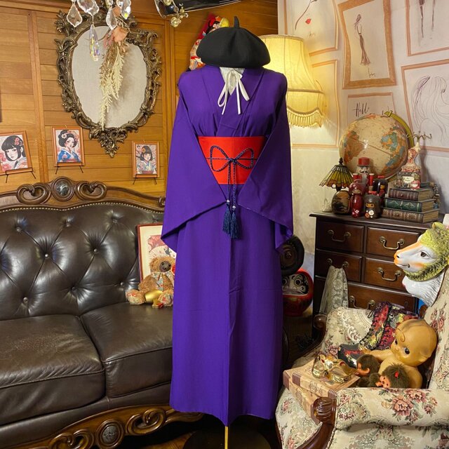 色無地着物リメイク ロングワンピース／ドレス／洗える化繊 帯サッシュ
