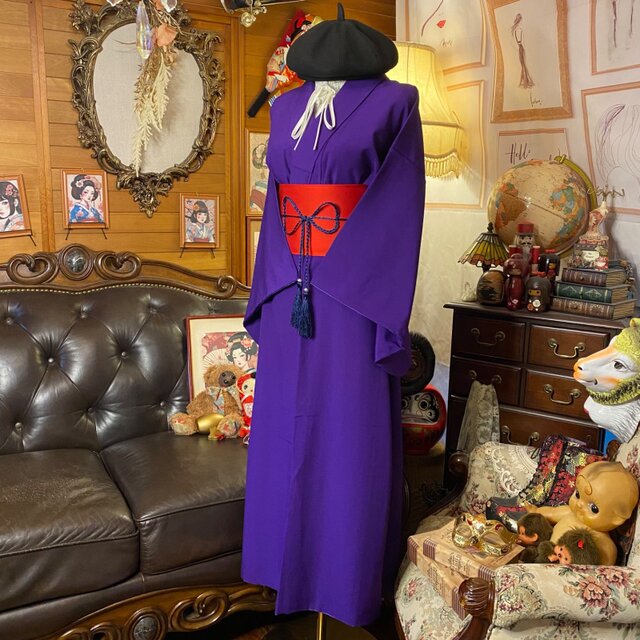 色無地着物リメイク ロングワンピース／ドレス／洗える化繊 帯サッシュ
