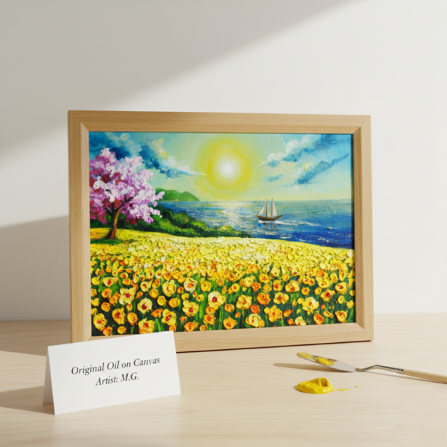 油絵【春の息吹と海の輝き】海 風景画 絵画 原画 | iichi 日々の暮らし