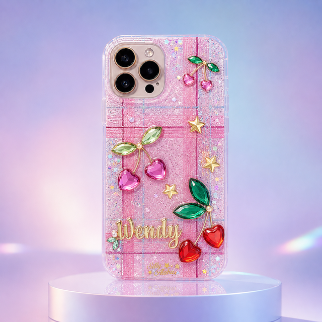 ぷっくりチェリーとピンクチェックの名入れiPhone・スマホケース｜ラメ