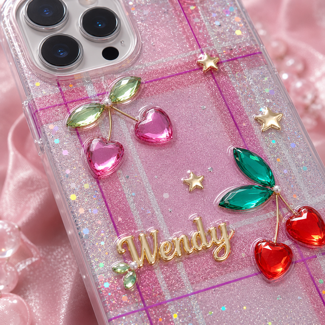 ぷっくりチェリーとピンクチェックの名入れiPhone・スマホケース｜ラメ