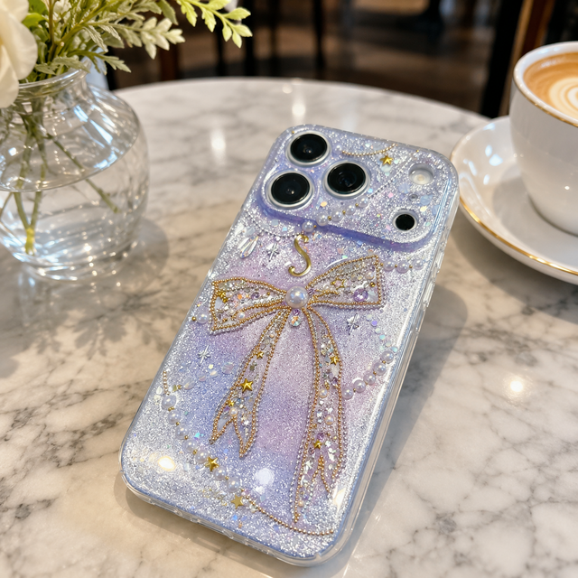 パールチェーンと立体リボンの名入れグリッタースマホケース | iichi