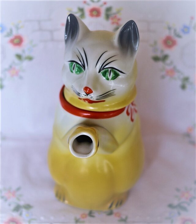 黄色ネコ型ティーポット 陶磁器フィギュリン ドイツ ミッド