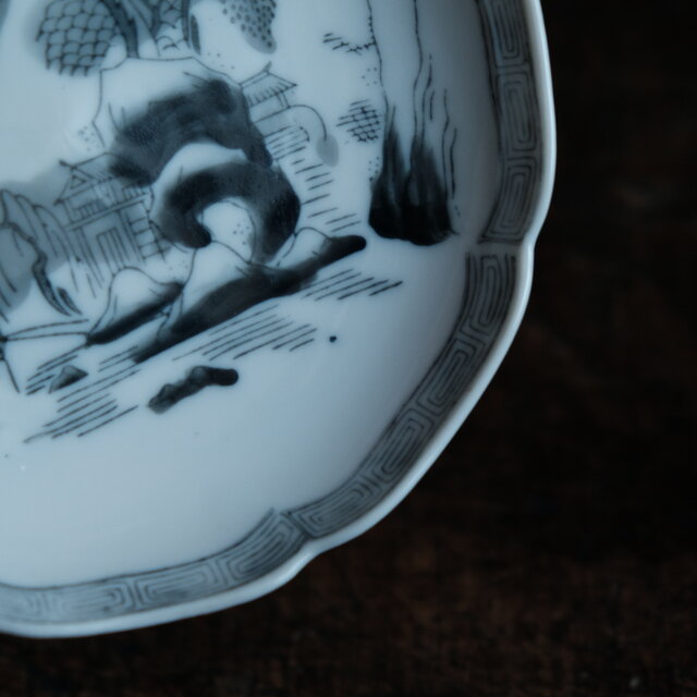 黒染付で素敵◇瀬戸焼 楼閣山水黒染付印判小皿 骨董・antiques 古民家