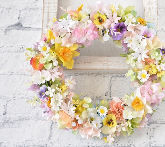 flower crown 春の花を編みあげて：ピンク オレンジ 白 きい ろ すみれ