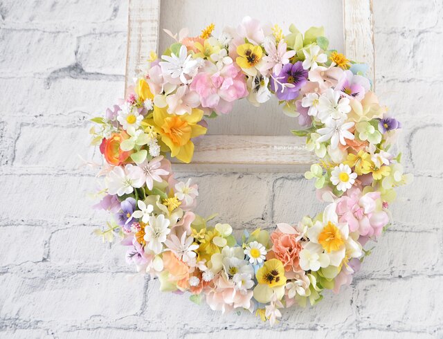 flower crown 春の花を編みあげて：ピンク オレンジ 白 きい ろ すみれ