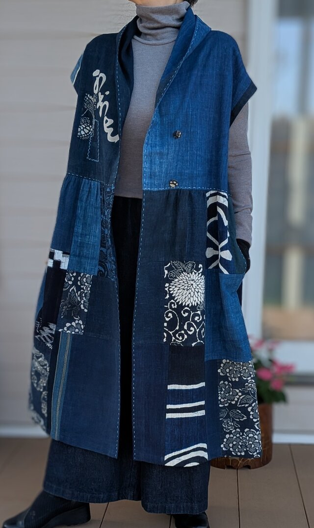 古布リメイク 飾りフードのフレンチ袖 ロング ジレ 藍染 刺し子 襤褸