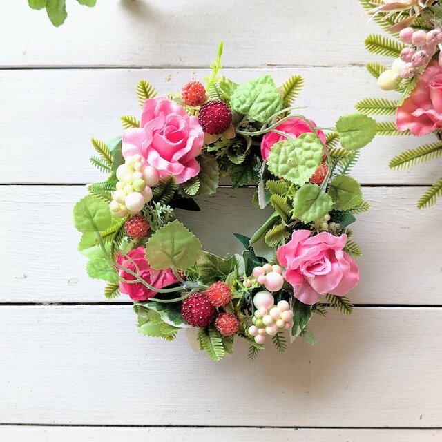 フランネルフラワーとピンクローズのアーティフィシャルフラワーリース