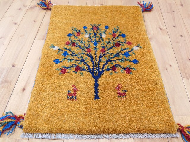 ペルシャ ギャッベ 玄関マット小 55.5x41cm 黄金色 ザクロの木 ヤギ 羊