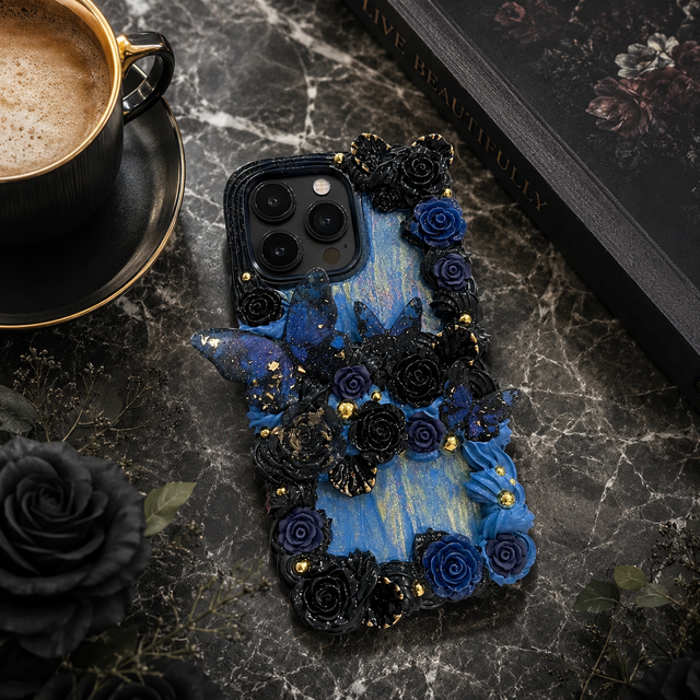 黒薔薇と青い蝶の立体スマホケース｜ゴシック・バロック・多機種対応