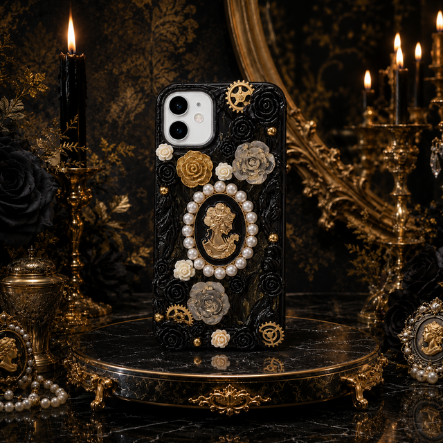 手作りバロック・ゴシックの立体スマホケース｜黒薔薇・カメオ・パール