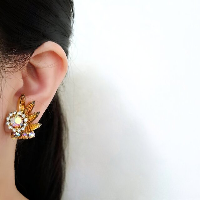 topaz givre artglass navette rhinestone ヴィンテージイヤリング