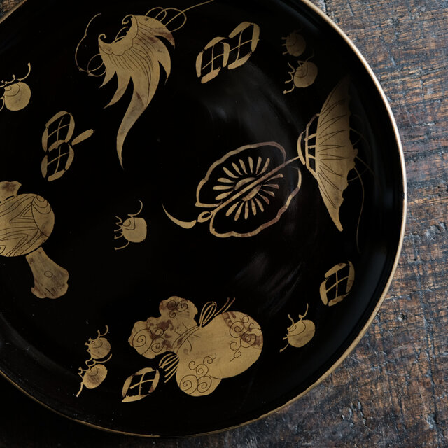 芸術的な絵付け◇時代物 漆芸蒔絵中皿 古漆器 骨董/antiques 古民家