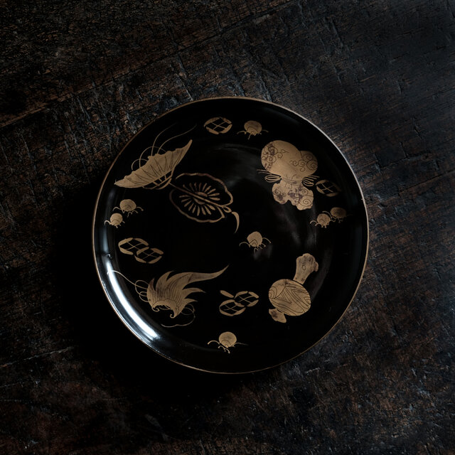 芸術的な絵付け◇時代物 漆芸蒔絵中皿 古漆器 骨董/antiques 古民家
