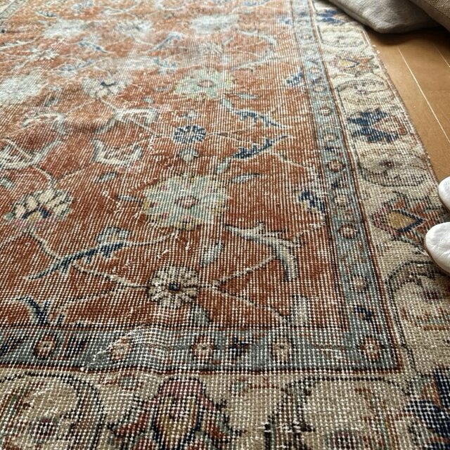 102×204 アンティークブラウン 青い花 トルコヴィンテージラグ | iichi