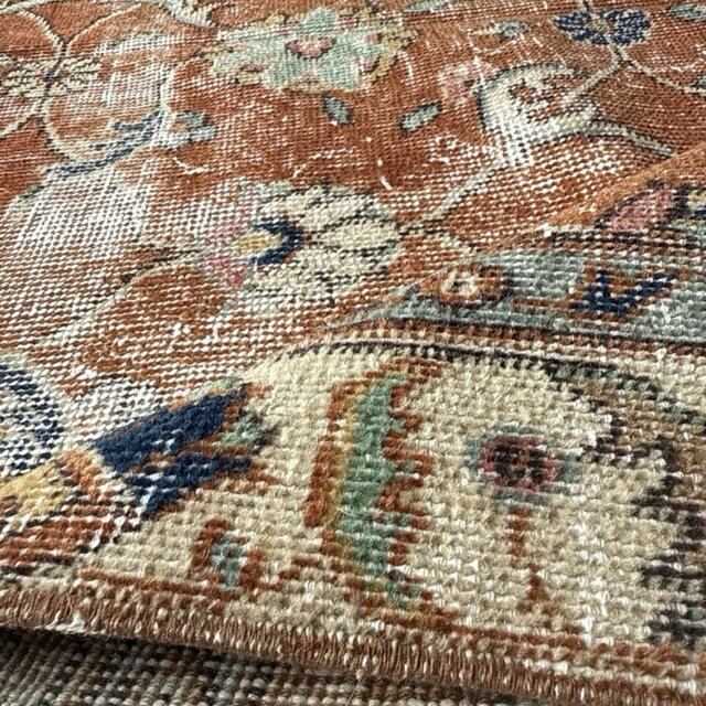 102×204 アンティークブラウン 青い花 トルコヴィンテージラグ | iichi