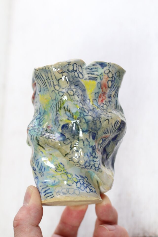 陶器の花瓶◆手びねり 焼き物 ハンドメイド オリジナル一点物＞手びねり花瓶(紫陽花掻き落とし) 花瓶 フラワー