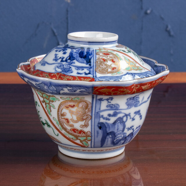 古伊万里 染付 花唐草模様 レトロ 明治 蓋付き 茶碗 8客 蓋9客 【公式