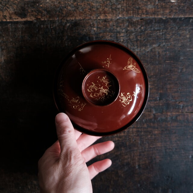 梅と鳥◇小豆色で素敵。古輪島塗 漆芸沈金蓋付椀 漆器 骨董・antiques
