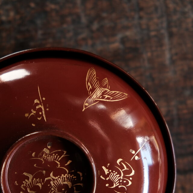 梅と鳥◇小豆色で素敵。古輪島塗 漆芸沈金蓋付椀 漆器 骨董・antiques