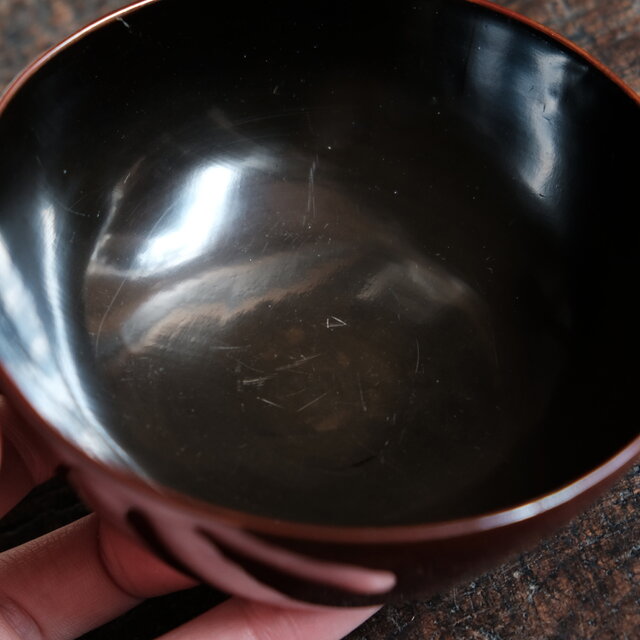 梅と鳥◇小豆色で素敵。古輪島塗 漆芸沈金蓋付椀 漆器 骨董・antiques