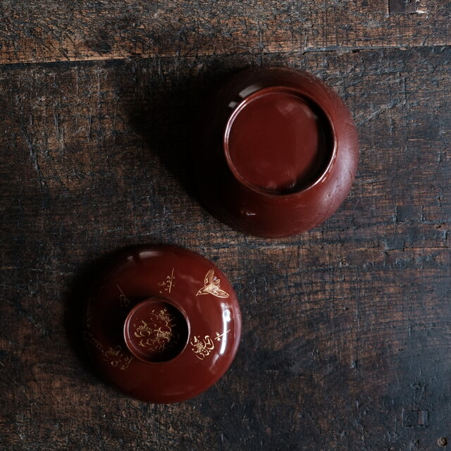 梅と鳥◇小豆色で素敵。古輪島塗 漆芸沈金蓋付椀 漆器 骨董・antiques