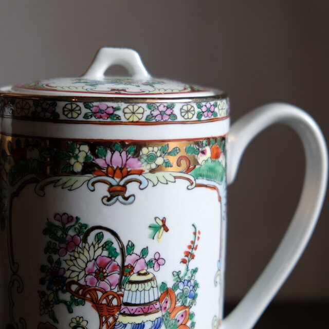 花籠と蝶々と花瓶◇中国廣彩 色絵金彩ティーポット チャイナレトロ
