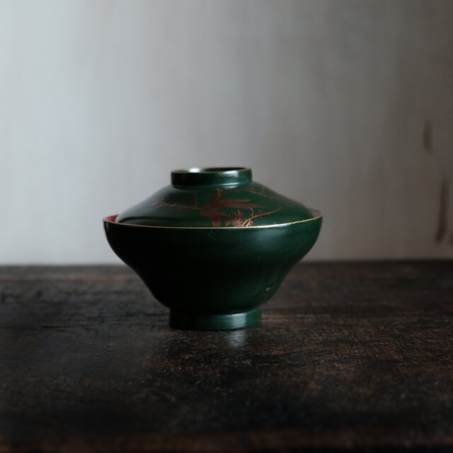 梅と鳥◇深緑で素敵。時代物 漆芸蒔絵蓋付椀 古漆器 骨董・antiques