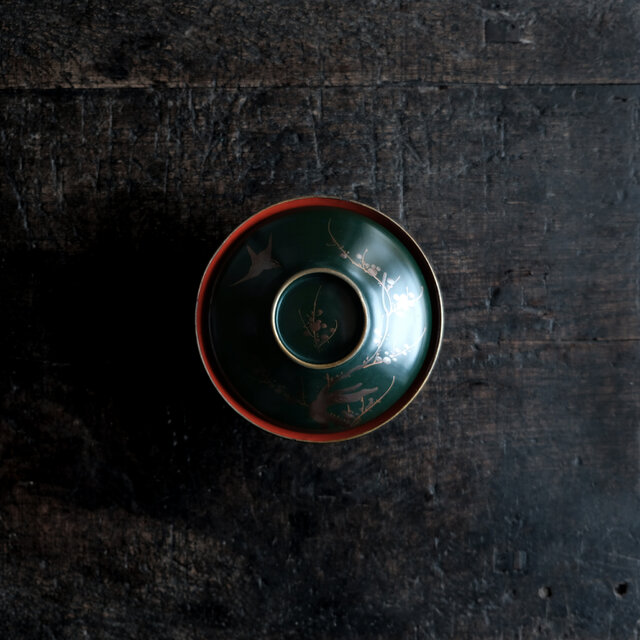 梅と鳥◇深緑で素敵。時代物 漆芸蒔絵蓋付椀 古漆器 骨董・antiques
