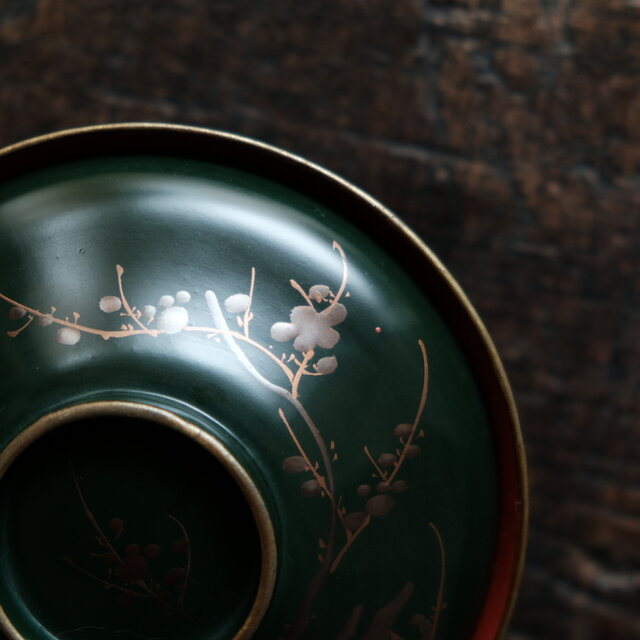 梅と鳥◇深緑で素敵。時代物 漆芸蒔絵蓋付椀 古漆器 骨董・antiques