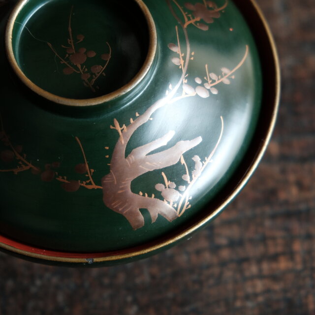 梅と鳥◇深緑で素敵。時代物 漆芸蒔絵蓋付椀 古漆器 骨董・antiques