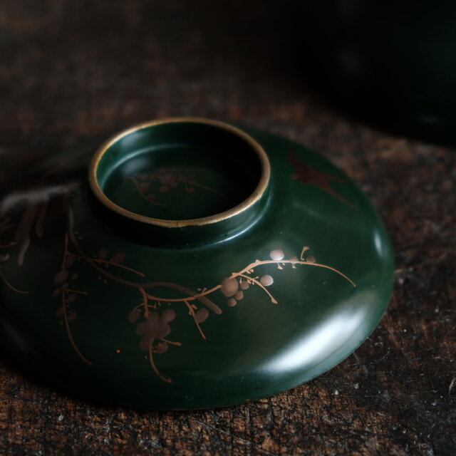 梅と鳥◇深緑で素敵。時代物 漆芸蒔絵蓋付椀 古漆器 骨董・antiques