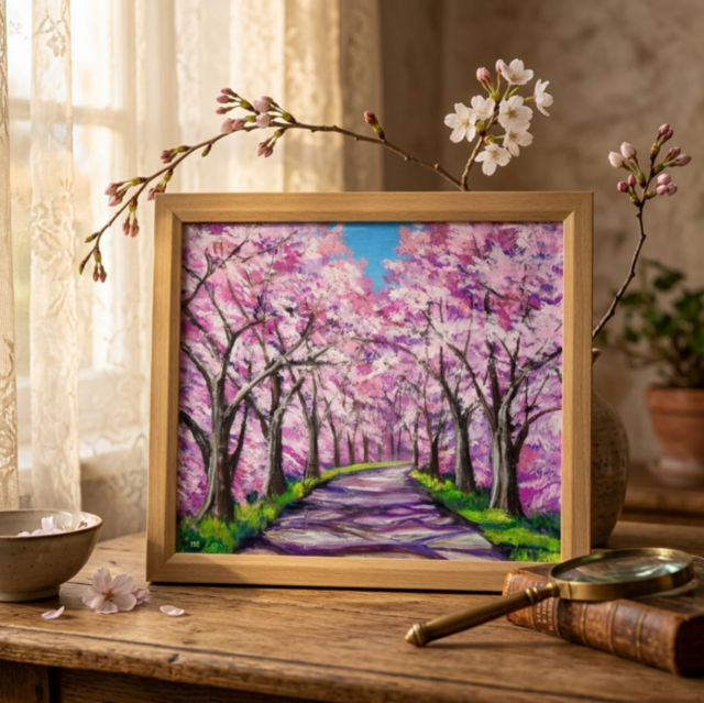 油彩画「桜の小道：春の記憶」桜の風景 油絵 原画 | iichi 日々の