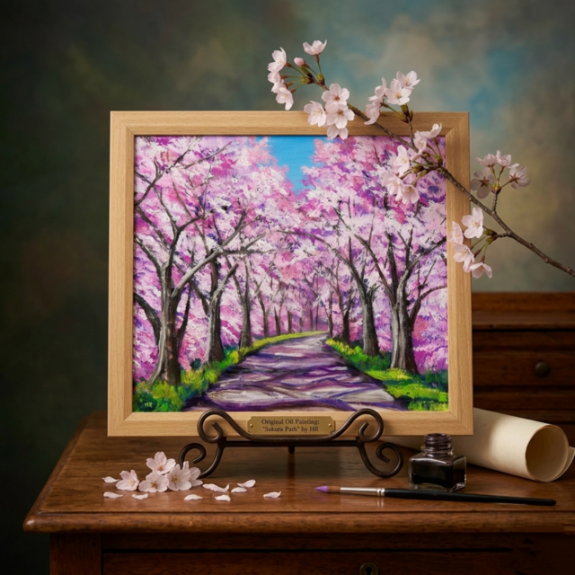 油絵 油彩 油彩画 絵画 絵【春の桜】 油彩画「桜の小道：春の記憶」桜の風景 油絵 原画 | iichi 日々の