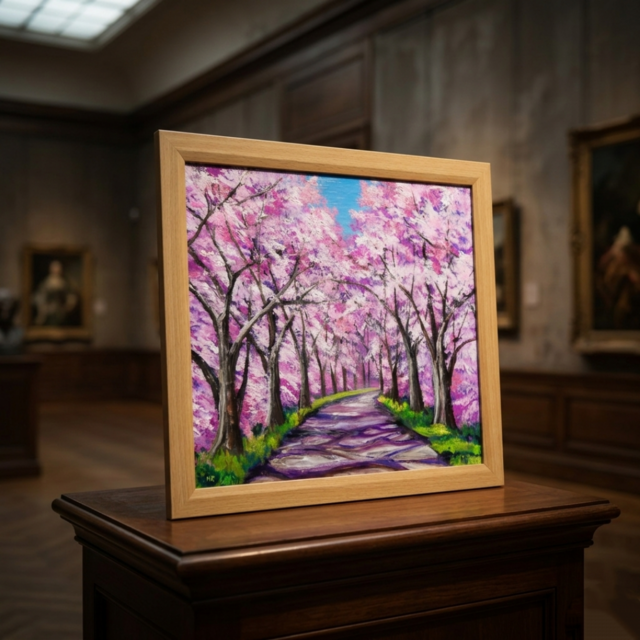 油彩画「桜の小道：春の記憶」桜の風景 油絵 原画 | iichi 日々の