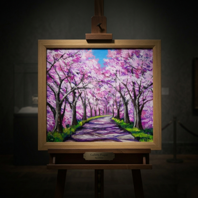 油彩画「桜の小道：春の記憶」桜の風景 油絵 原画 | iichi 日々の