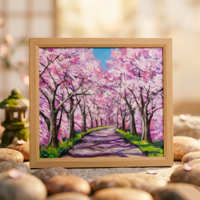 油彩画「桜の小道：春の記憶」桜の風景 油絵 原画 | iichi 日々の