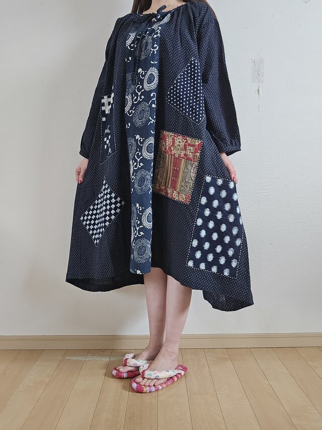着物リメイク 手作り 蚊絣、絣パッチワーク ワンピース | iichi 日々の