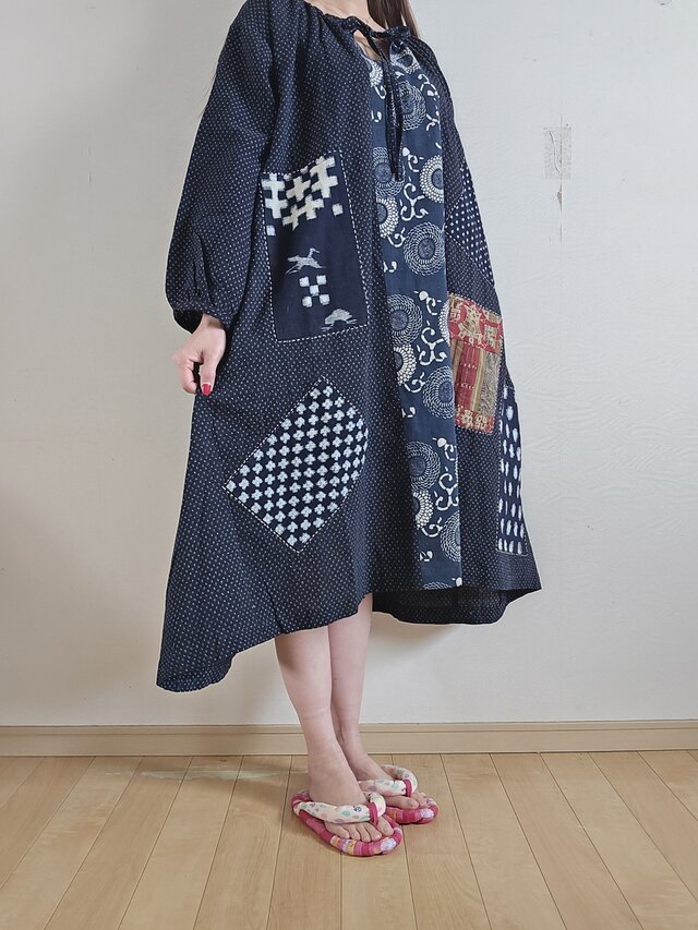 着物リメイク 手作り 蚊絣、絣パッチワーク ワンピース | iichi 日々の