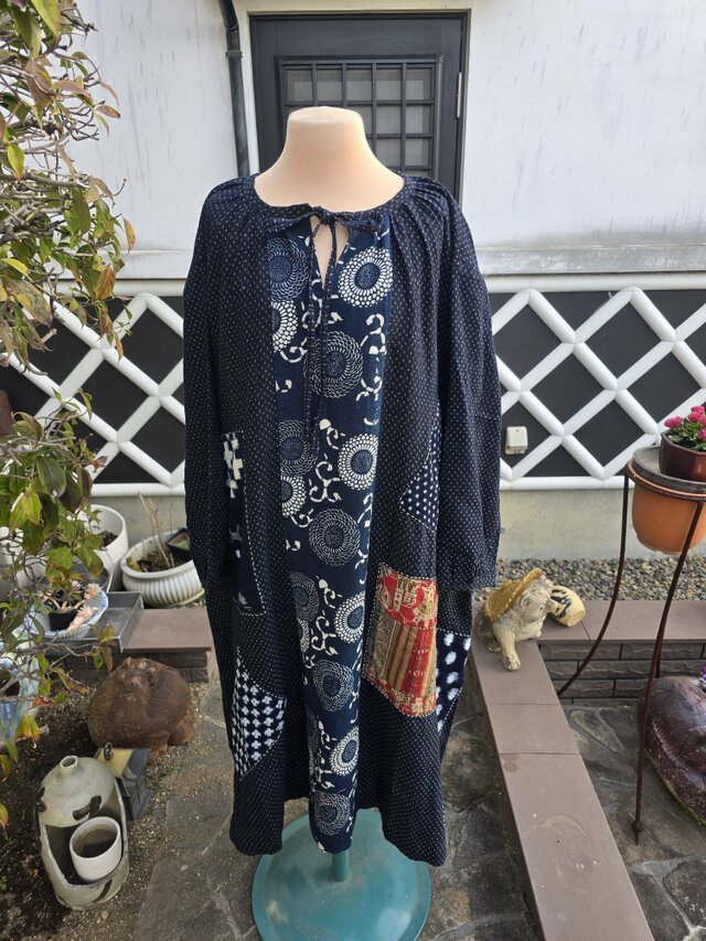 着物リメイク 手作り 蚊絣、絣パッチワーク ワンピース | iichi 日々の 