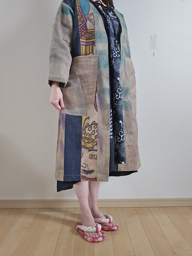 着物リメイク 手作り 柿渋 ノボリ 紋 前開きコート | iichi 日々の 