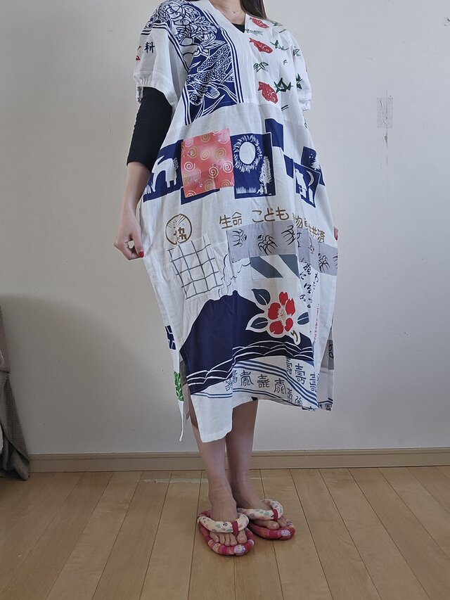着物リメイク ハンドメイド 白 手ぬぐい パッチワーク ワンピース