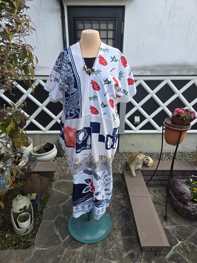 着物リメイク ハンドメイド 白 手ぬぐい パッチワーク ワンピース
